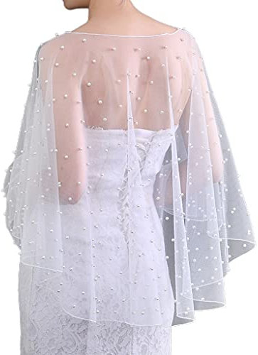 DAISHIAO Hochzeitsaccessoires Bolero Brautumhang Perlen Hochzeit Umhang kurz vorne lang hinten Frauen Wrap Cape Abend Wrap Schal