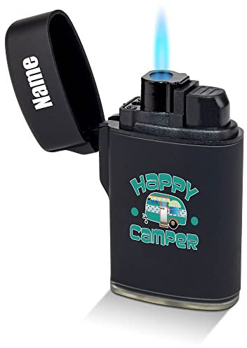 PR Print Royal Feuerzeug selbst gestalten - mit Name Bedrucken - Happy Camper - Geschenk für Camper, Camping - Sturmfeuerzeug, Flüssiggas nachfüllbar, Schwarz gummiert I Personalisiert