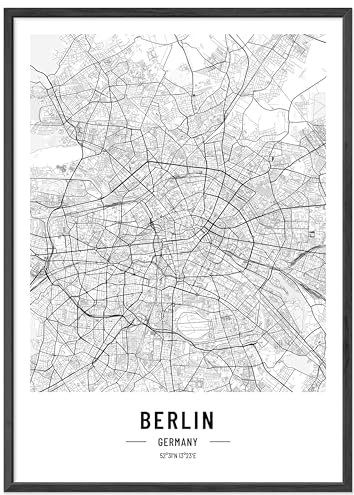 JUNOMI® Berlin Poster DIN A2 mit Rahmen Schwarz, DIN A2 Wohnzimmer Deko, Modernes Wandbild, Berlin Bild, Wandbild mit Rahmen, Stadtplan Poster Berlin, perfekte Geschenkidee für Berliner
