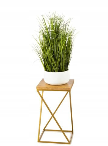 HowHomely Blumenständer Metall 40 cm Hoch - Blumenhocker mit Eiche Optik MDF-Platte auf Gold Ständer - Pflanzenständer im Loft-Stil für die Innendekoration