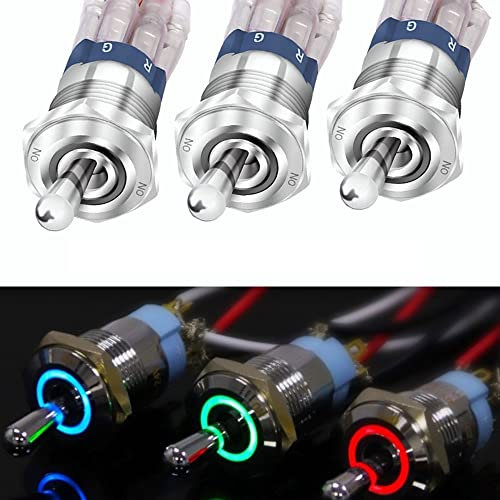 TOTMOX 3 interrupteurs à bascule universels étanches IP67 16 mm 12-24 V pour bateau de voiture, interrupteurs à bascule ronds en métal avec voyant LED monochrome rouge/vert/bleu