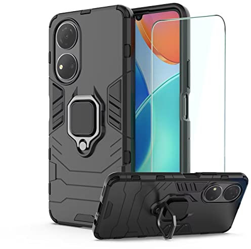 DERHAN Coque pour Honor X7, Étuis Antichoc avec Anneau +Verre Trempé, Housse de Protection Anti-Vibration, Silicone TPU Case Cover Bumper Protection D'écran - Noir