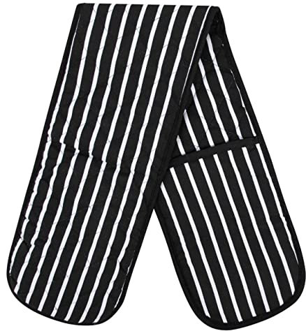 Black Double Oven Gloves Heat Resistant Oven Mitts for Home Kitchen Baking and Cooking, Butchers Stripe Pot Pan Tray Double Oven Gloves, Heavy Duty Cooking Oven Gloves (Black)