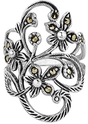 AeraVida Beautiful Marcasite Style Pyrite Flower Vine .925 Sterling Silver Ring | Delicate Flower Vine Ring | Vintage Flowers Accessories (6)