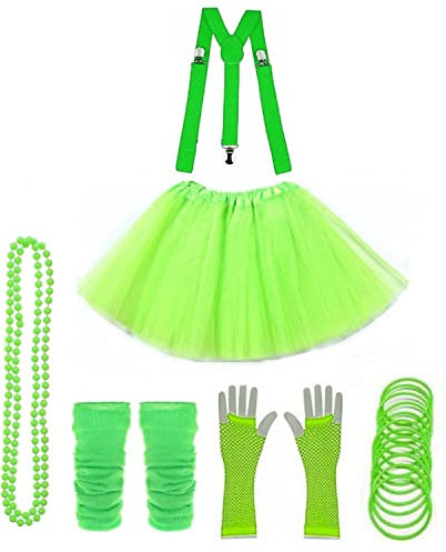 Lizzy 6Pc Neon Costume (Leg Warmers + Fishnet Gloves + 3Layer Tutu + Braces + Beads Necklace + Gummy Bracelet) Set | 80s Neon Teen Fancy Dress Dance ware Hen Party Accessory (Neon Green, Ladies)