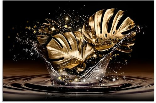 decomonkey - Tableau Acoustique Or Monstera 90x60 1 Pièce - Impression sur Toile Décoration Maison Isolation Peinture Image Phonique Déco Bureau Panneaux Acoustiques