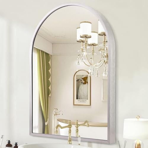HLFMVWE Arch Badezimmer Spiegel, Metallrahmen Wand montiert Spiegel Silber Eitelkeit Wand Spiegel für Schlafzimmer Eingang Wohnzimmer Eitelkeit 65 x 45 cm