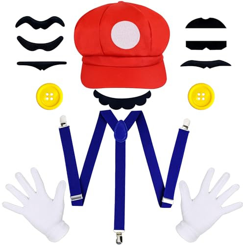 Orgoue Super Bros Kostüm, Mario Bros Kostüm Mario & Luigi Hut Kappen Schnurrbärte Handschuhe Knöpfe Hosenträger Cosplay Kostüm Zubehör Für Damen Herren Kind Für Karneval