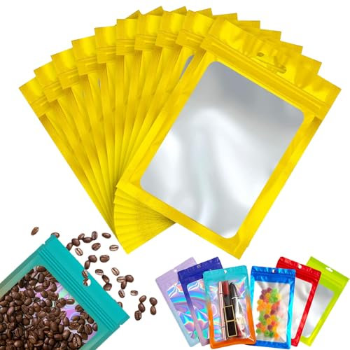 YAAVAAW Gold Foil Reusable Aluminium & Plastic Smell Proof Resealable Zipper Storage Bags, 100pcs 7x10cm Holographic Packaging Bags for Food, Jewelry, Electronics