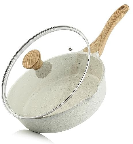 SENSARTE Sartén con tapa, sartén de 28 cm/4,8 litros con tapa, mango que se mantiene frío, utensilios de cocina de piedra saludable, compatible con inducción, sin PFOA (blanco)
