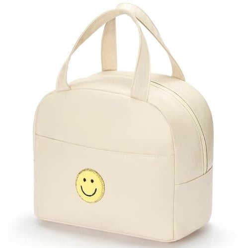 Hirabbi Lunch Bag for Women Large Insulated Box Reusable Tote with Preppy Bag,Soft Leather Lunchbag Work School Picnic Travel (White)