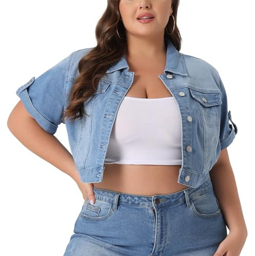 Agnes Orinda Plus Size Denim Jackets for Women Button Front Work Washed Rolled Sleeves Cropped Jean Jacket Light Blue 3XL