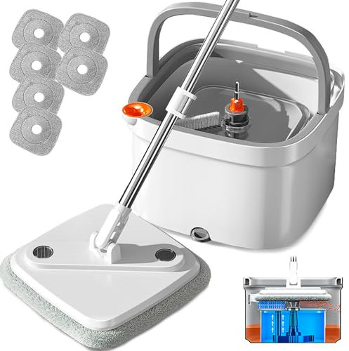 KZKR Spin Mop and Bucket Set with Self Separation Dirty and Clean Water System, Self Wringing 360° Rotating Square Mop Head for Home Floors Cleaning (1.0 Mop and Bucket Set (6 Pads))