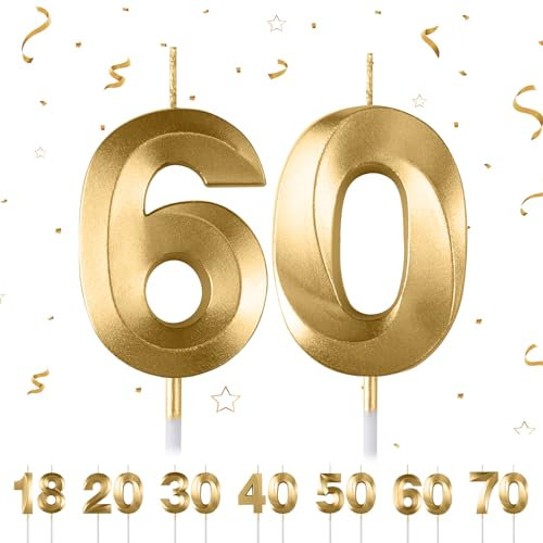 Maclunar Geburtstagskerzen Zahlen 60,3D Gold Geburtstagskerzen,Kerzen Geburtstag Zahl 60, Kuchen Topper Dekoration Kuchendeko Geburtstag, Geburtstagskerzen für Geburtstagsdeko