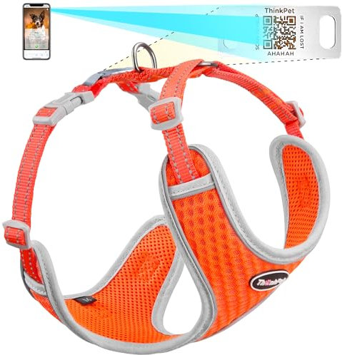 ThinkPet Hundegeschirr, reflektierend, atmungsaktiv, weiches Air-Mesh mit QR-Code, Hundemarke, Erstickungsfrei, für Welpen, kleine, mittelgroße Hunde und Katzen, Größe S, Orange