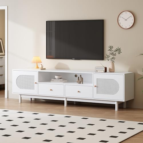 Merax TV Lowboard für 80-Zoll-Fernseher, TV Schrank mit 2 Schließfach 2 Schublade und 1 offenes Regal, Moderner TV Sideboard aus weißem Rattan, Fernsehschrank für Wohnzimmer Esszimmer, 180x40x56cm