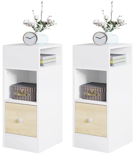 EUGAD Nachttische, 2er Set, schmal, Beistelltisch mit 2 offenen Ablagen und 1 Schublade, 25x66x30 cm, Nachtschrank im Schlafzimmer, Nachtkästchen aus Holzwerkstoff, Weiß Eiche, 0011CTG-2