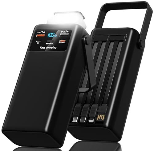 Powerbank 60000mAh, PD 45W Power Bank USB C Schnellladen mit 4 Integrierten Kabel, 6 Port (2 USB-A & 1 Type-C), LED Display, Taschenlampe, Externe Handy-Akkus für Smartphones Tablets