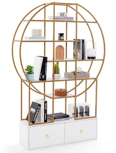 COSTWAY 6-Tier Gold Bookshelf, 180cm Tall Metal Round Bookshelves Etagere Bookcase with 2 Storage Drawers and Staggered Shelves, Modern Display Shelf Storage Organizer for Home Office, Living Room