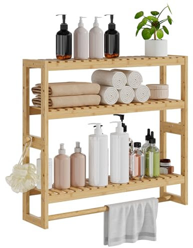 RRX Bathroom Shelf Storage Organizer, Bathroom Shelf 3-Tier Adjustable Layer Bamboo Organizer with Bar,Hanging, Freestanding Over Toilet Utility Shelves(Beige)