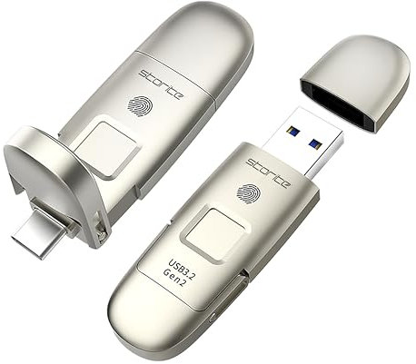 Clé USB Haute Vitesse 2 en 1 STORITE 128 Go Type C + USB 3.2, clé USB, cryptage d'empreintes digitales, clé USB, clé USB en métal pour Android, MacBook, PC et Ordinateurs Portables (Argent)