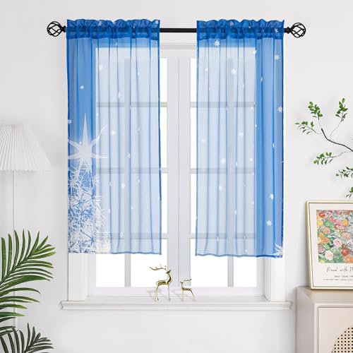 Joyswahl Weihnachtsgardine Voile Scheibengardine mit Weihnachten Muster Kurzstores Transparent Küchengardinen Set Bistrogardinen blau mit Schneeflocken Muster BxH 68x91cm 2 Stücke