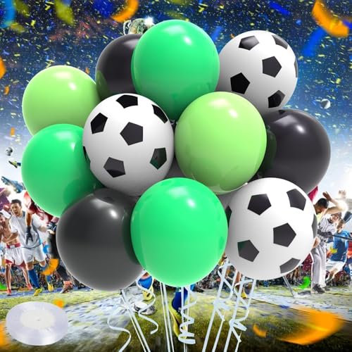 Mbsomnus Fussball Luftballon 36 Stück Fußball Luftballons mit Satinband 12in/30cm Grüne Schwarze Luftballons Fussball Helium Latex Ballons für Junge Fußball Party Kinder Geburtstag Sport Jubiläum