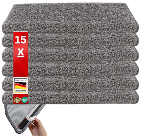 Floordirekt Shaggy-Stufenmatten Barcelona - 15er Set - Treppenmatten in 16 Farben, Strapazierfähig & pflegeleicht, Stufenteppich für Innen (Grau, Rechteckig 65 x 23,5 cm)