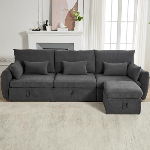 Sektionssofa mit Stauraum, 300x90x96 cm, grau - 3-Sitzer-Sofa mit verlängertem Fußhocker und fünf abnehmbaren Kissen, ideal für modernes Wohnen