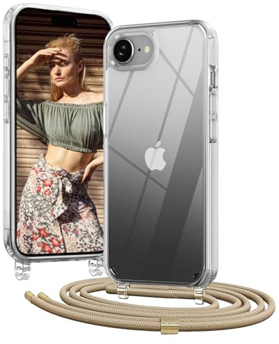 OLEPHY Handykette für iPhone 16e Hülle mit Band, [Verstellbarem und Demontage Umhängeband], Transparente Handyhülle mit Kordel zum Umhängen für Wanderungen & Outdoor | Freiheit für Hände, Golden