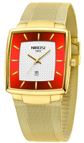 NIBOSI Herren Armbanduhr Herrenuhren luxuriös militärisch wasserdicht Quarz analog quadratisch Armbanduhr für Männer mit Edelstahl Mesh Armband Datumskalender,Gold Rot
