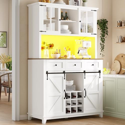 Zravenna Küchenschrank 105×38.4×180 cm, Hochschrank Küchenbuffet mit Vitrinenschrank Verstellbaren Ablagen, Schiebetür im Scheunenlook, Weiß (B)