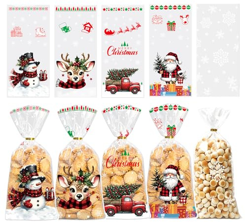 Plätzchentüten, 100 Stück Kekstüten Weihnachten Transparent, 5 Stile Bonbon Tüten mit 120 StüCk Goldband, Weihnachtstüten zum Befüllen, Geschenktüten Weihnachten für Kekse, Schokolade, Süßigkeiten