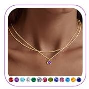 TINGN Kette Gold Farbe Damen 14K Vergoldete Geburtsstein Anhänger Halskette Layered 12 Monate Geburtsstein Kette Geburtstagsgeschenke für Frauen Mädchen