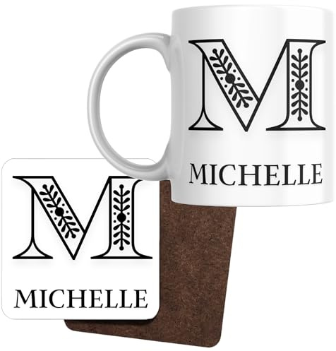 Designs of note! Michelle Personalised Initial Name Mug and Coaster Set | Personalised Letter M Coffee Mug and Coaster, Novelty Gift for Michelle