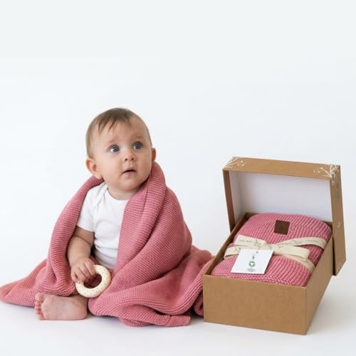 Little Dedi 100% Organic Cotton Baby Knitted Blanket with Gift Box - Soft Toddler, Crib, Stroller Blanket - Neutral Swaddle and Receiving Blanket for Newborns, 30x40, Color Berry