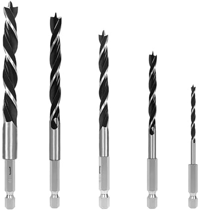 KEWAYO 5Pcs Brad Point Wood Drill Bit Set, 1/4 inch Hex Shank, Twist Drill Bit Set for Woodworking (4/5/6/8/10mm)