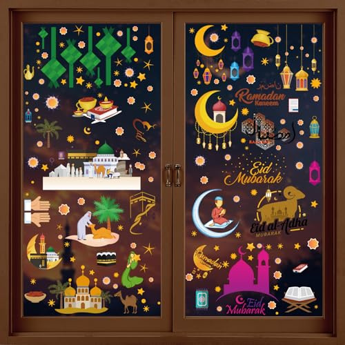 Simpeak 154 stk Fensterbilder Ramadan, Eid al-Fitr Sterne und Mond Selbstklebend, PVC Ramadan Fensterdeko Eid Mubarak Fenstersticker, Fensterdekoration für Islam Muslim Feier, 9 Blatt