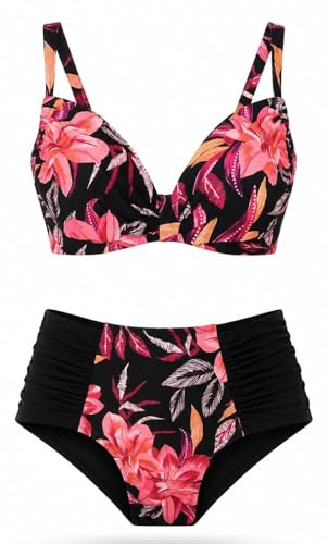 dolcecasabiancheria Caprimare Costume Mare Bikini Donna Due Pezzi Vita Alta Modellante con Ferretto Coppa Sfoderata Campanile 187 Floreale - 50 Nero