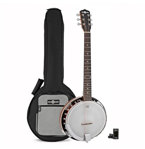 Pack Banjo Guitare 6 Cordes par Gear4music | Design folk classique à dos fermé, peau Remo, résonateur en acajou avec coque en aluminium, housse et accordeur inclus
