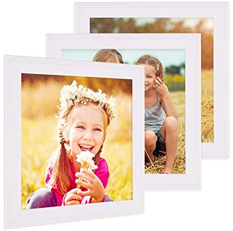 PHOTOLINI Bilderrahmen 10x10 cm Holz Weiß Landhaus-Stil, 3er Set Holz-Rahmen, Made in Germany, Echtglas, zum Aufhängen & Aufstellen, mit Zubehör - perfekt für Familienfotos & Urlaubsbilder
