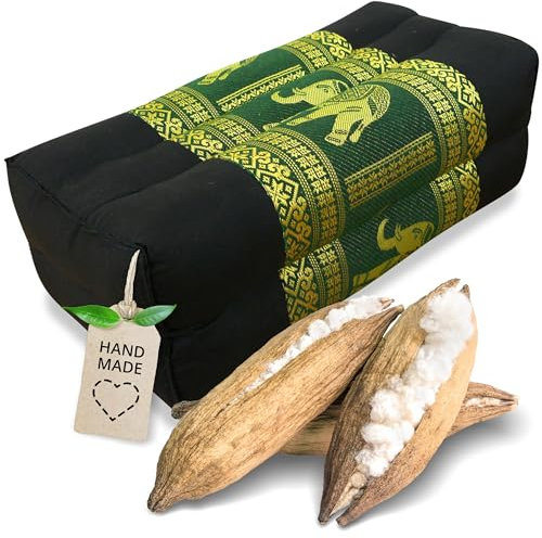 livasia Block Yogakissen eckig Thaiseide - 17x34x12cm - Meditationskissen Kapok, Stützkissen rechteckig, Yoga Pilates Zubehör Nackenkissen, Thaikissen fest handgefertigt (Schwarz/Grün/Elefanten Seide)