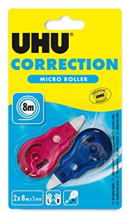 UHU Correction Micro Roller, 2 praktische und handliche Korrekturroller, Die in jedes Mäppchen passen, 8 m x 5 mm