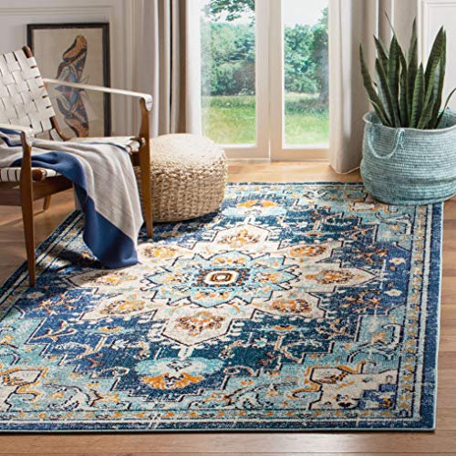 SAFAVIEH Distressed Teppich für Wohnzimmer, Esszimmer, Schlafzimmer - Madison Collection, Kurzer Flor, Blau und Hellblau, 122 X 183 cm