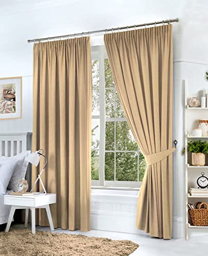 Hachette Thermal Blackout Curtains Pencil Pleat Tape Top Including Pair of Tiebacks (Cream Natural, 46 X 54)
