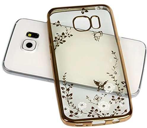 Handy Lux® Schutz Hülle Silikon Case mit Glitzer Steine Strass Cover für Samsung Galaxy A5 (Modell 2016), Gold Hülle - Weiße Blume