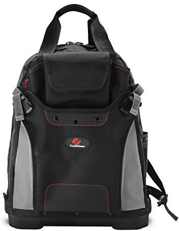 TradeGear Robuster Werkzeug-Rucksack mit verstärktem Boden – wasserdichte PVC-beschichtete Werkzeugtasche, mit gepolsterter Rückenstütze, atmungsaktivem Stoff, mehrere Aufbewahrungsfächer