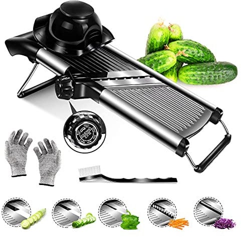 Myiosus Mandoline Gemüseschneider, Edelstahl Mandoline Slicer Professional, Food Chopper für Salat Gemüse, Verstellbare Mandolinen Julienne Cutter mit Sicherheitshandschuhen und Reinigungsbürste