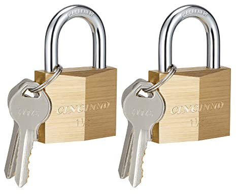 CINCINNO Lot de 2 serrures en laiton massif avec clés, 4,5 cm de largeur du corps avec clé, cadenas à clés identiques