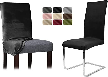 BEAUTEX Stuhlhussen Samt Stretch Stuhl & Schwingstuhl 4er Set Schwarz LEA | 95% Polyester, 5% Elasthan, weiche Velours-Oberfläche, Rundum-Gummizug, 30 °C waschbar, faltenarm, formstabil & langlebig